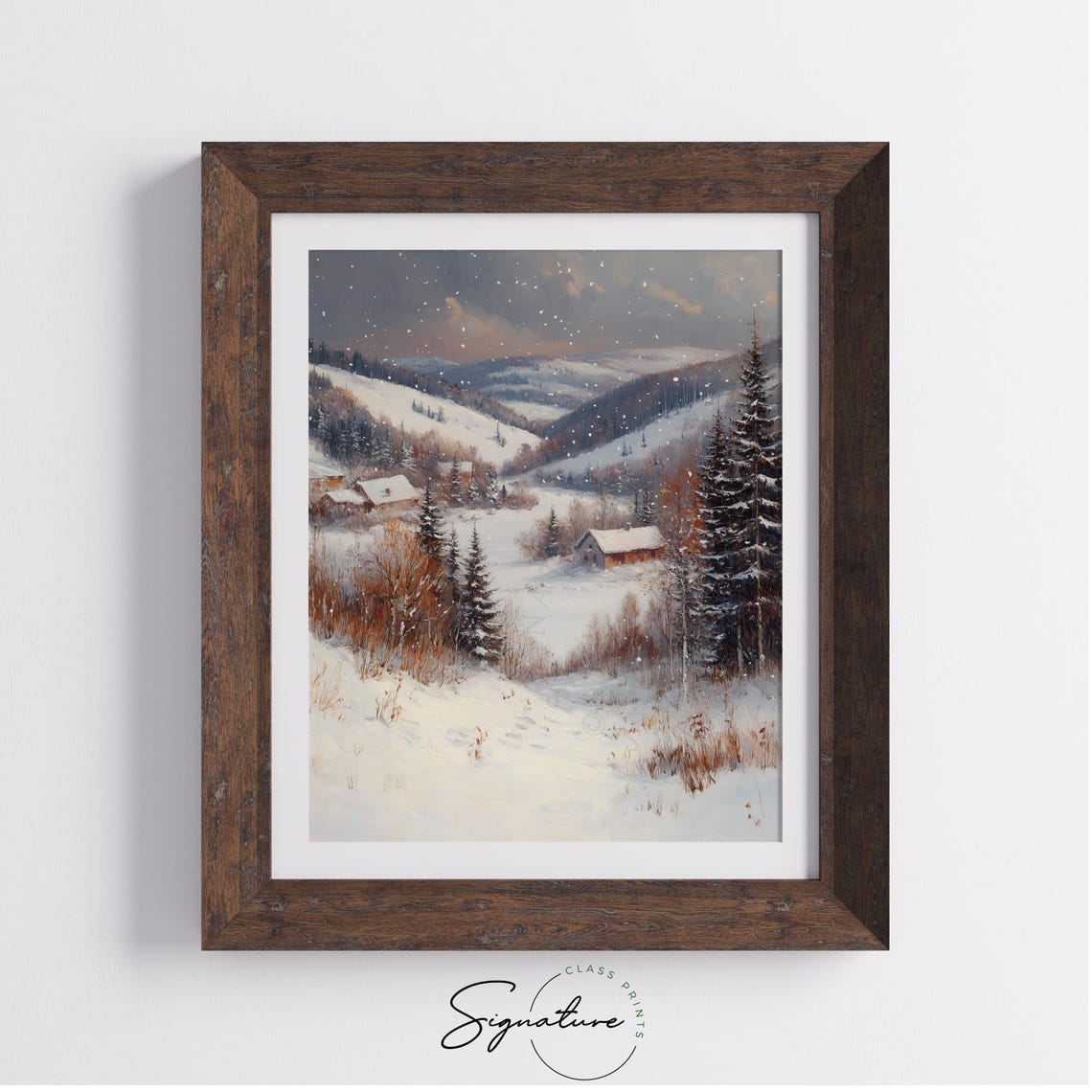 Snowy Mountain Valley with Cabins in Soft Falling Snow Poster - Image 3