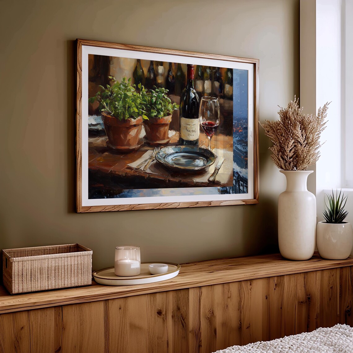 Rustic Wine Bottle And Herbs Table Vintage Italian Kitchen Painting Print - Image 4