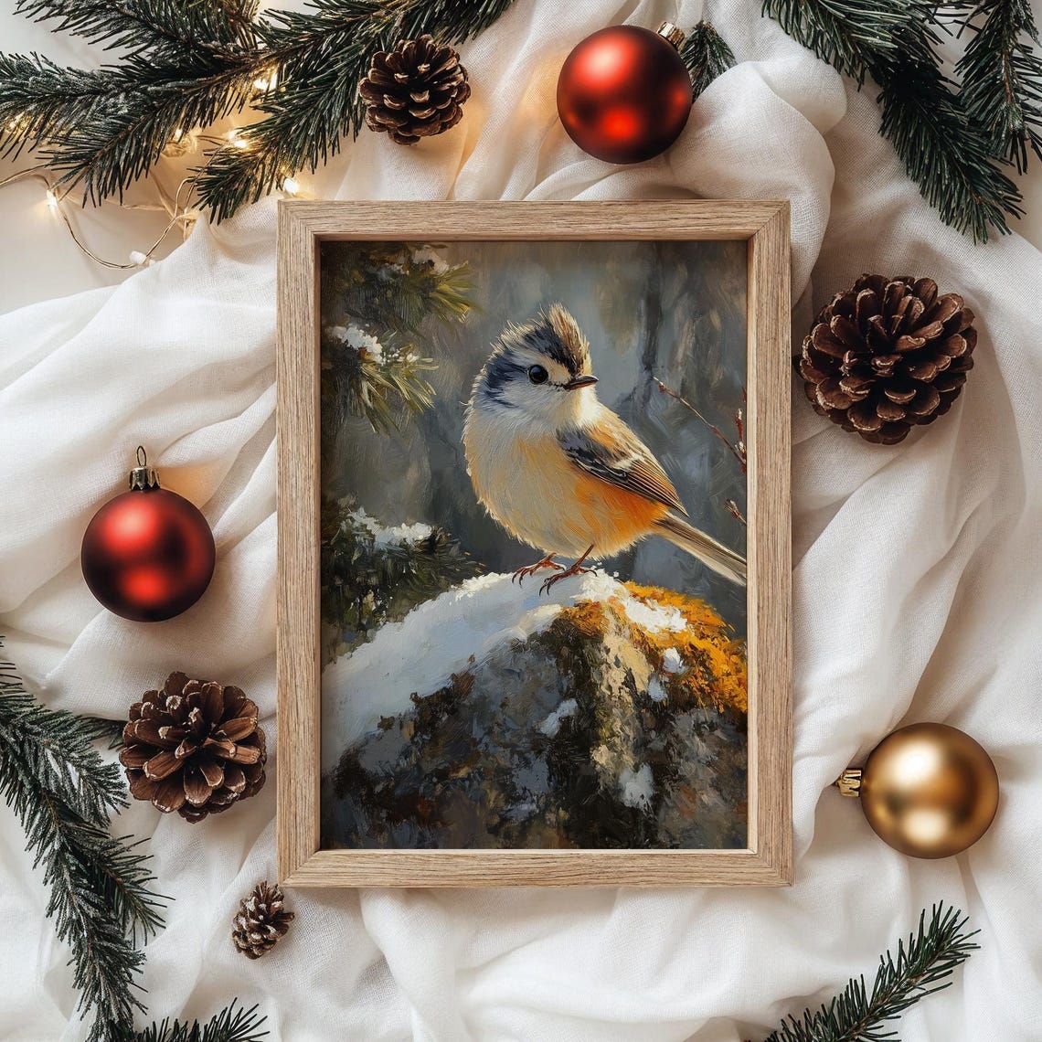 Small Crested Bird on Snowy Rock Winter Wildlife Oil Painting Print - Image 4