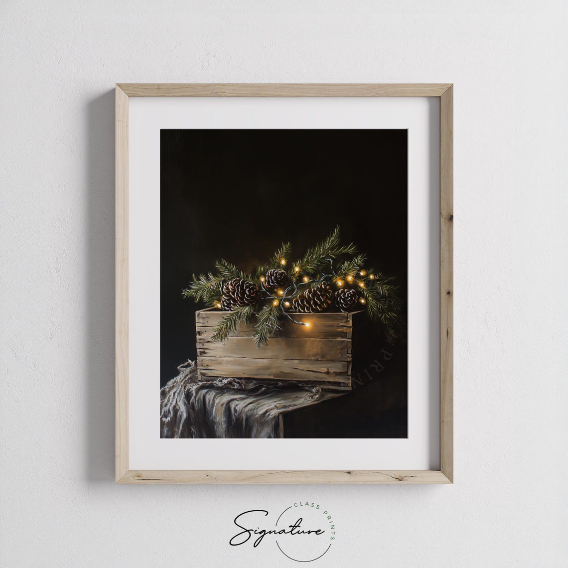 Pinecones Evergreen and Fairy Lights in Wooden Crate Holiday Poster - Image 3