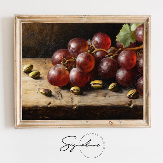 Grapes And Pistachios On Rustic Wooden Board Moody Farmhouse Christmas Still Life Vintage Winter Kitchen Wall Art Holiday 2732
