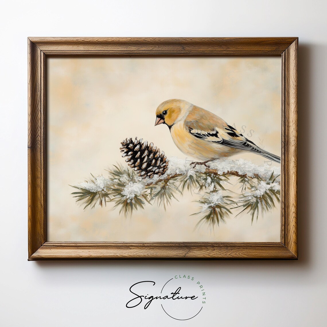American Goldfinch Beside Pinecone on Snowy Branch Bird Poster - Image 5