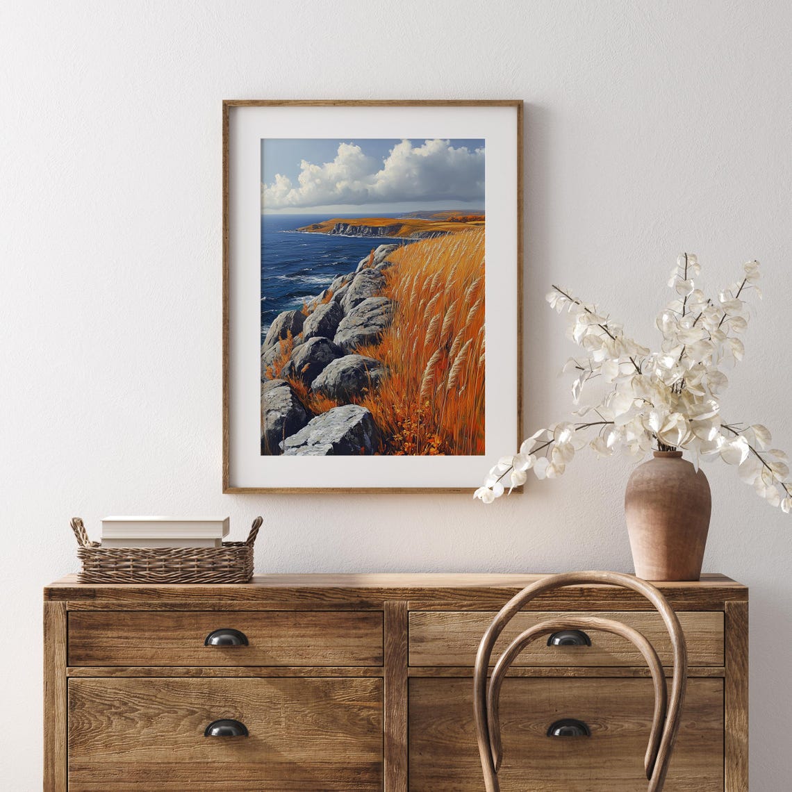 Golden Coastal Cliffs Rocky Ocean Shoreline Autumn Seascape Print - Image 5