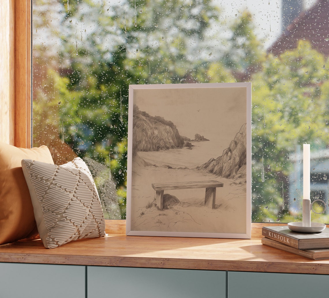 Solitary Bench Overlooking Secluded Cove Coastal Sketch Poster - Image 2