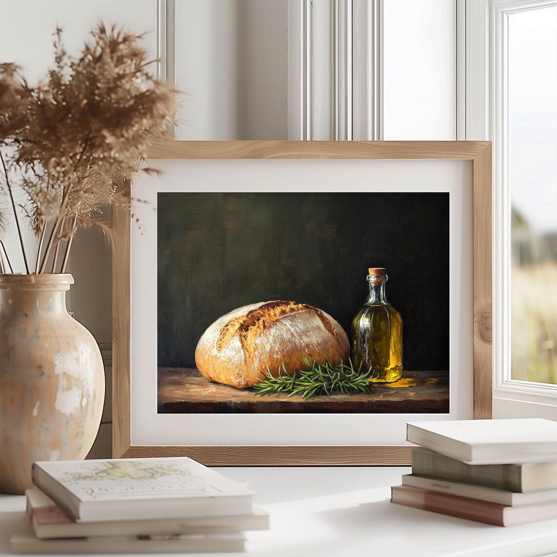 Rustic Bread Loaf with Olive Oil and Rosemary Still Life Poster - Image 2