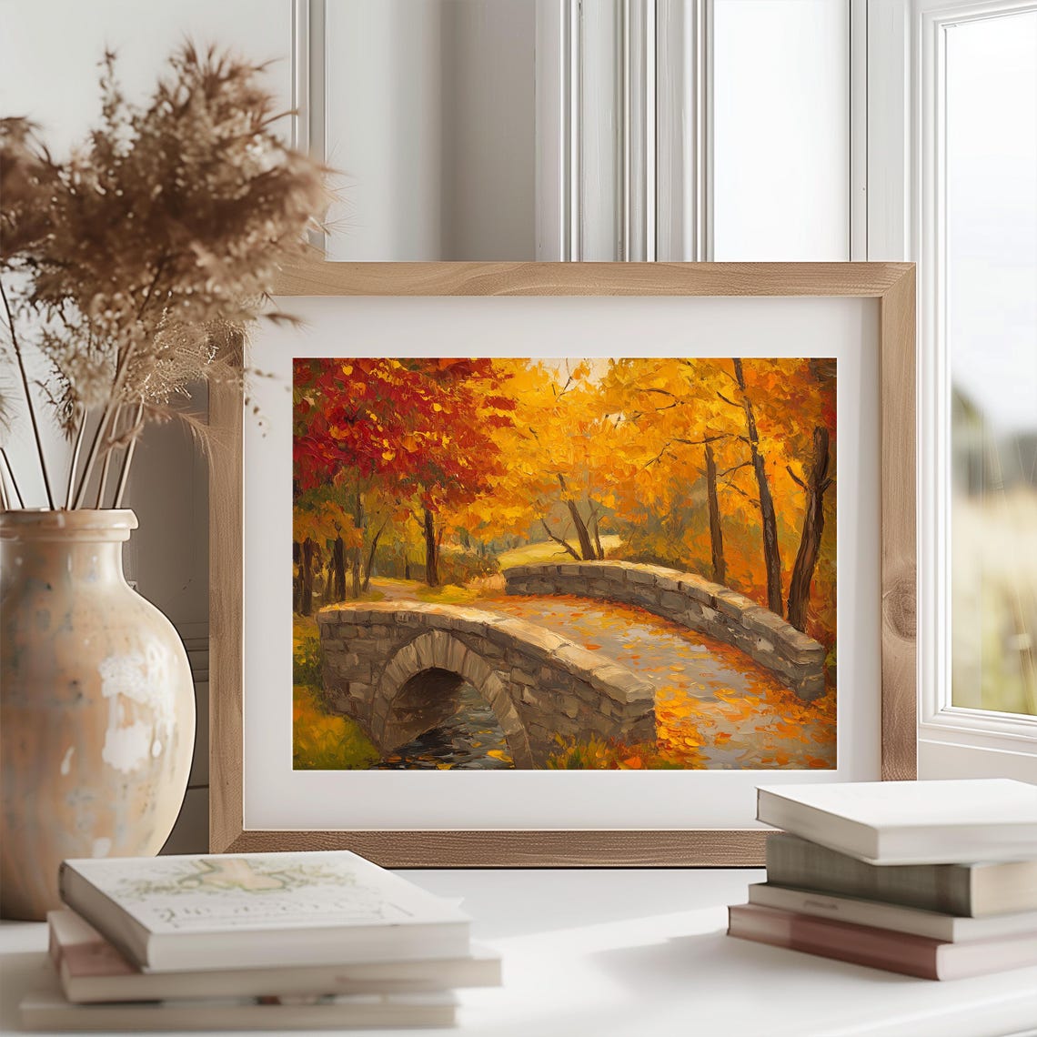 Autumn Stone Bridge Painting Red Fall Foliage Rustic Landscape Poster - Image 2