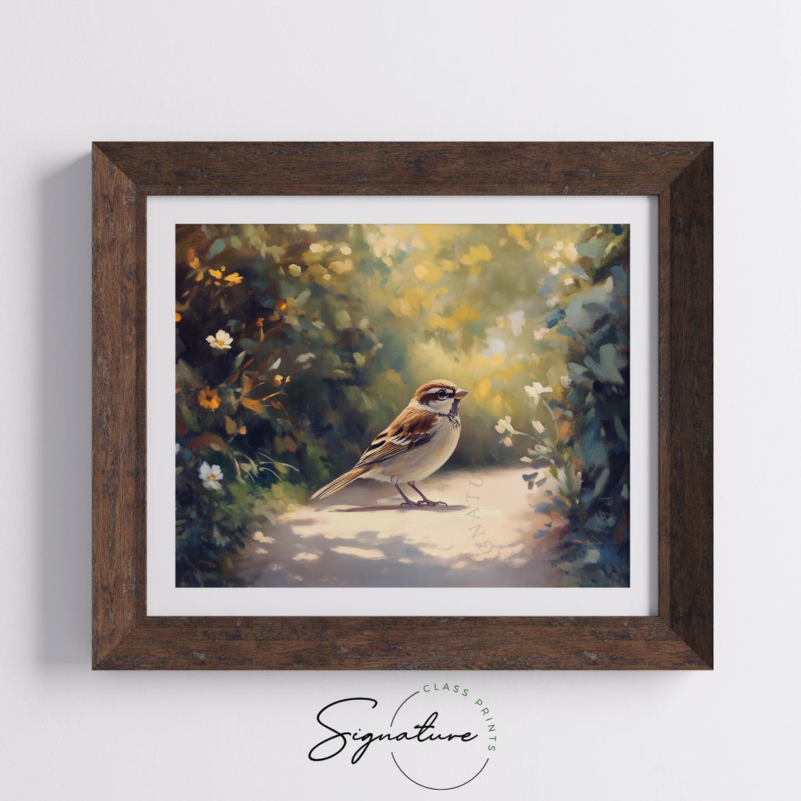 Sparrow Standing On Sunlit Path Beneath Golden Blossoms Wall Art - Image 5