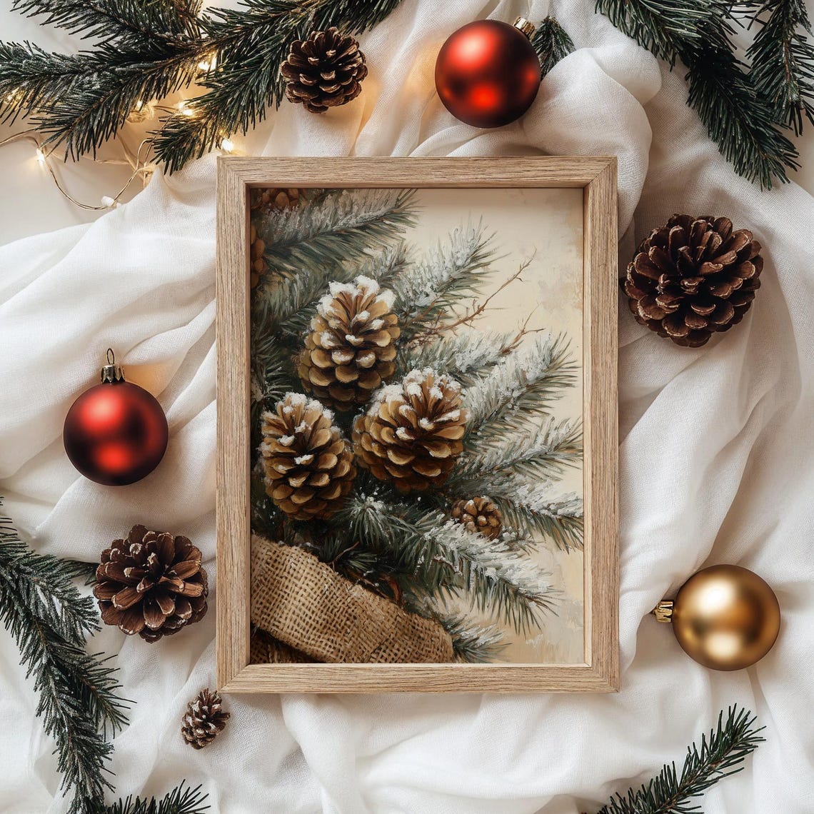 Snowy Pinecones And Evergreen Branches With Burlap Wrap Poster - Image 4