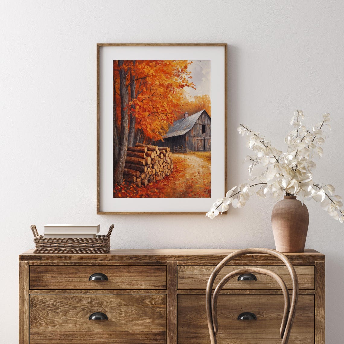 Cut Log Stack Weathered Barn Fiery Maple Autumn Painting Print - Image 5