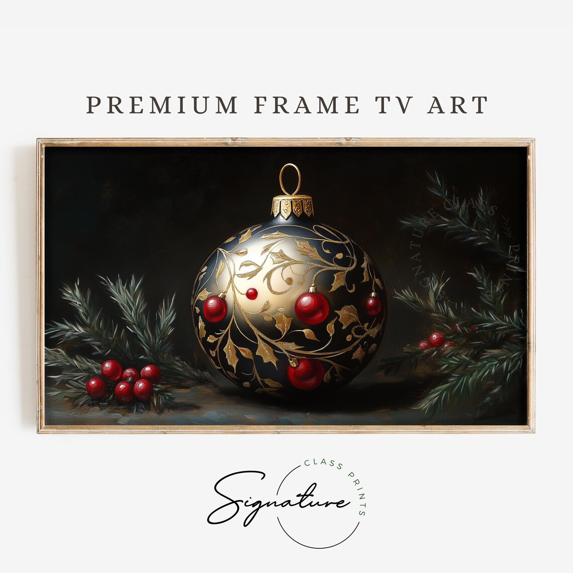 Gold and Black Christmas Ornament Red Baubles Pine Branches Poster