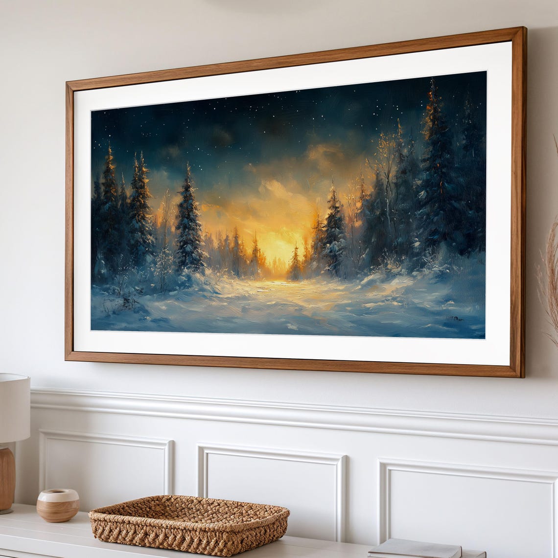 Snowy Starry Night Forest With Warm Golden Sunset Glow Poster - Image 2