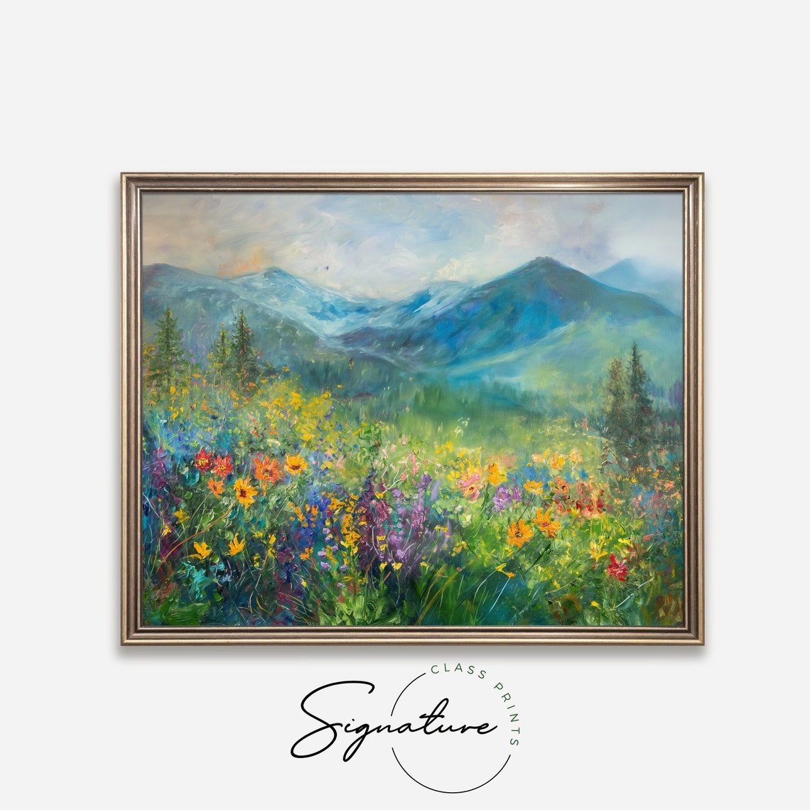 Dense Wildflower Meadow with Blue Mountains Impressionist Poster - Image 4
