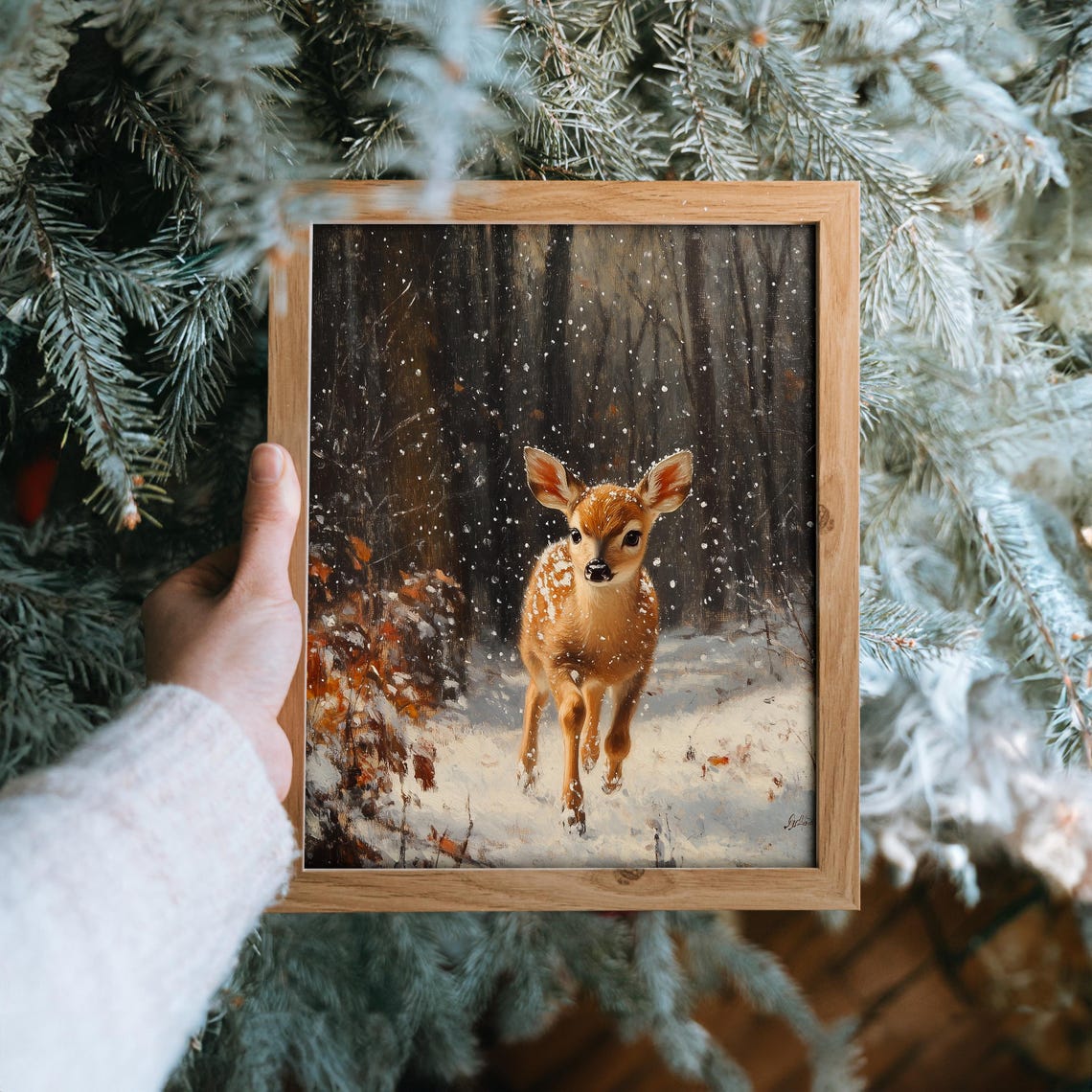 Fawn Walking in Falling Snow Winter Forest Oil Painting Print - Image 6