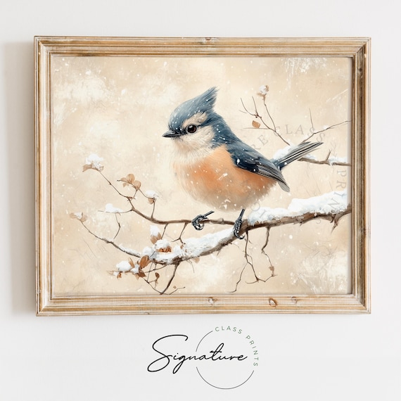 Tufted Titmouse Perched On Snowy Branch Cozy Winter Bird Wall Art
