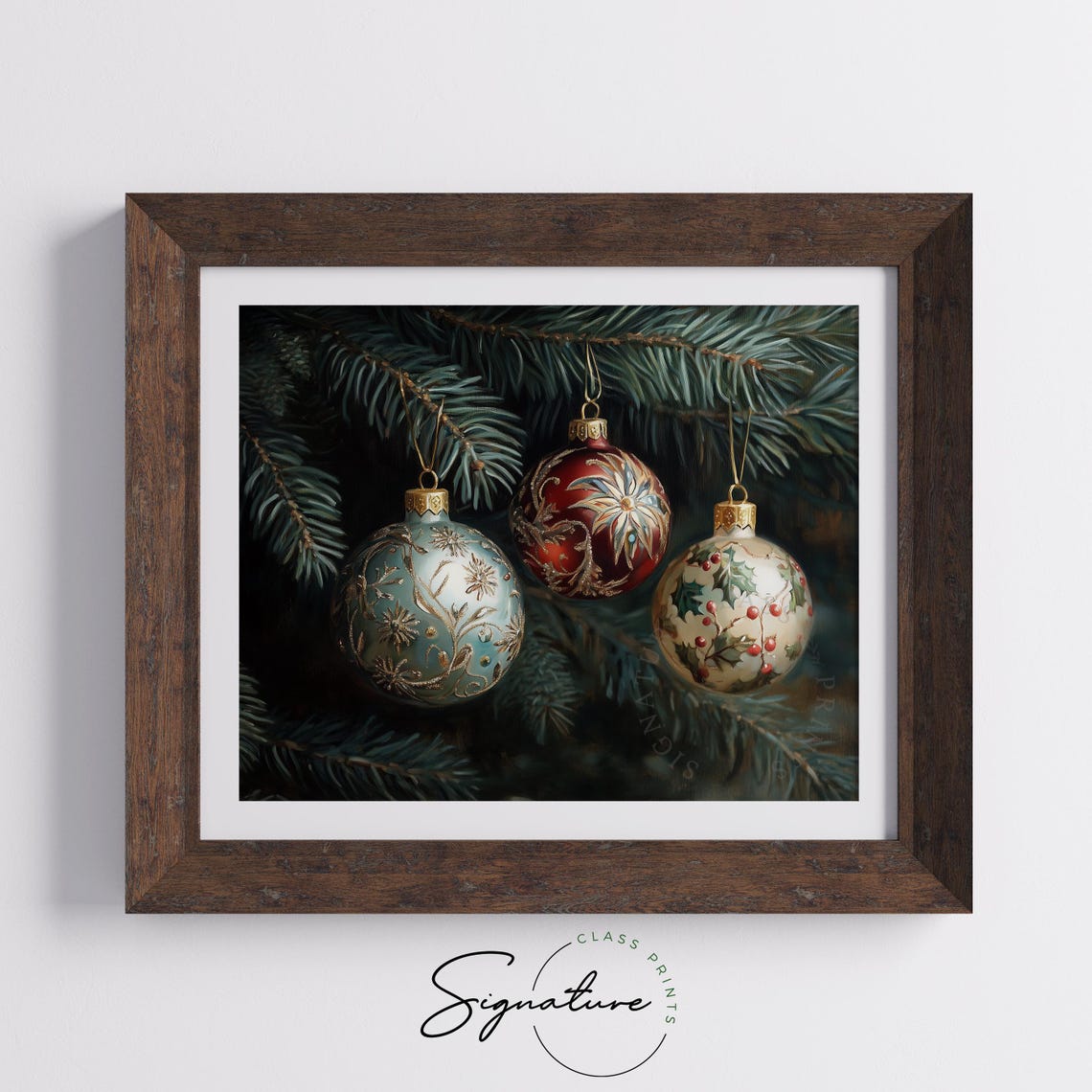 Three Ornate Christmas Ornaments Hanging On Pine Branch Poster - Image 5
