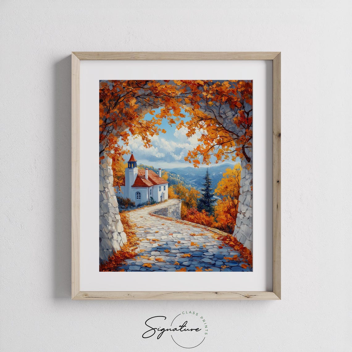 European Old White Chapel Cobblestone Autumn Mountain Vista Print - Image 3