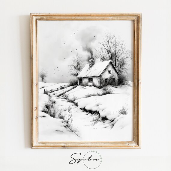 Isolated Stone Cottage In Snowy Landscape Winter Sketch Poster