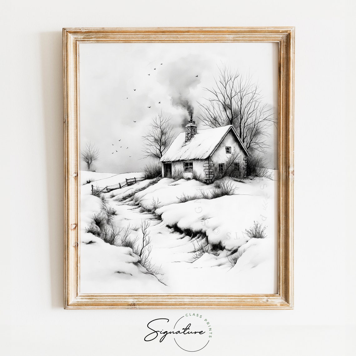 Isolated Stone Cottage In Snowy Landscape Winter Sketch Poster