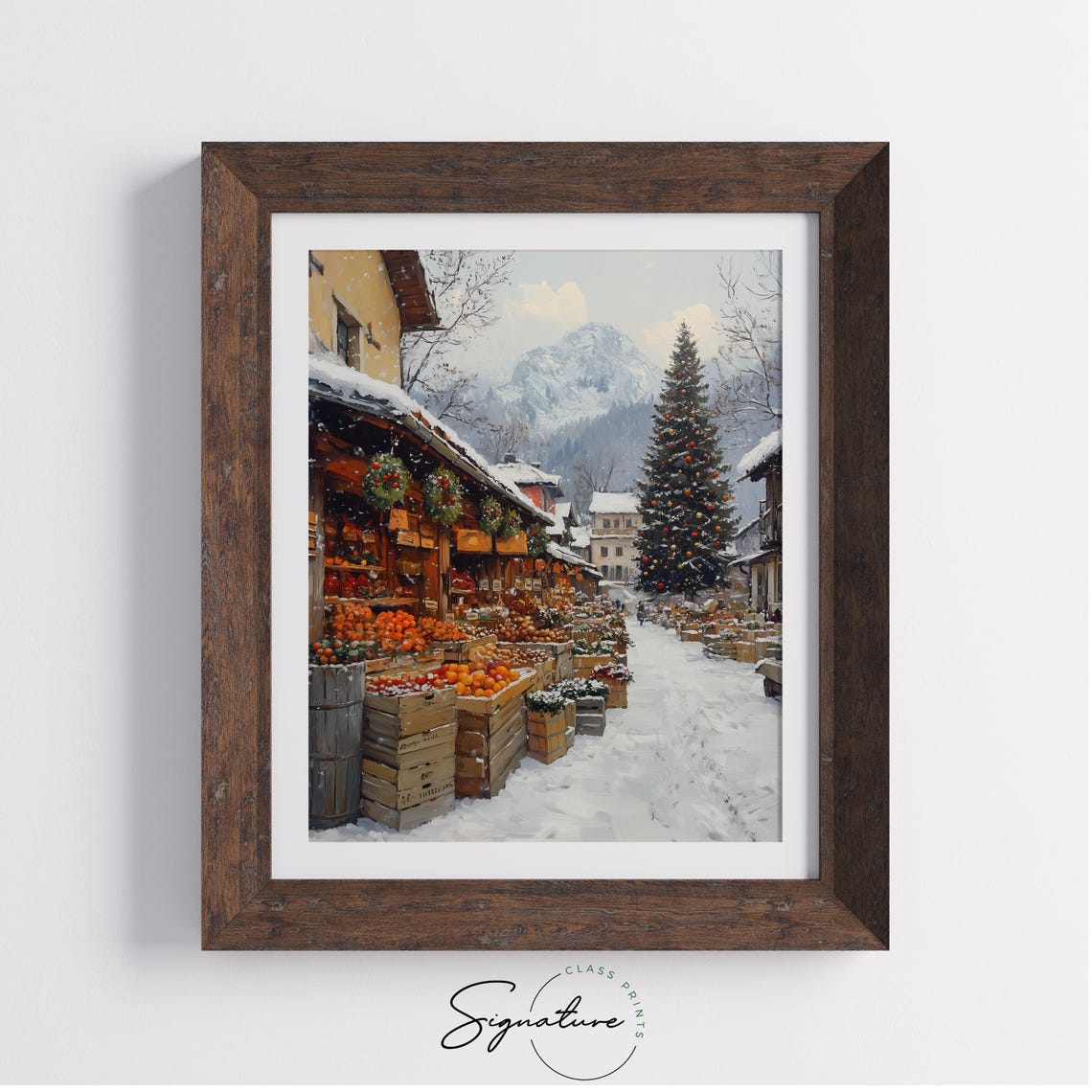 Snowy Christmas Market with Orange Crates in Town Square Poster - Image 3