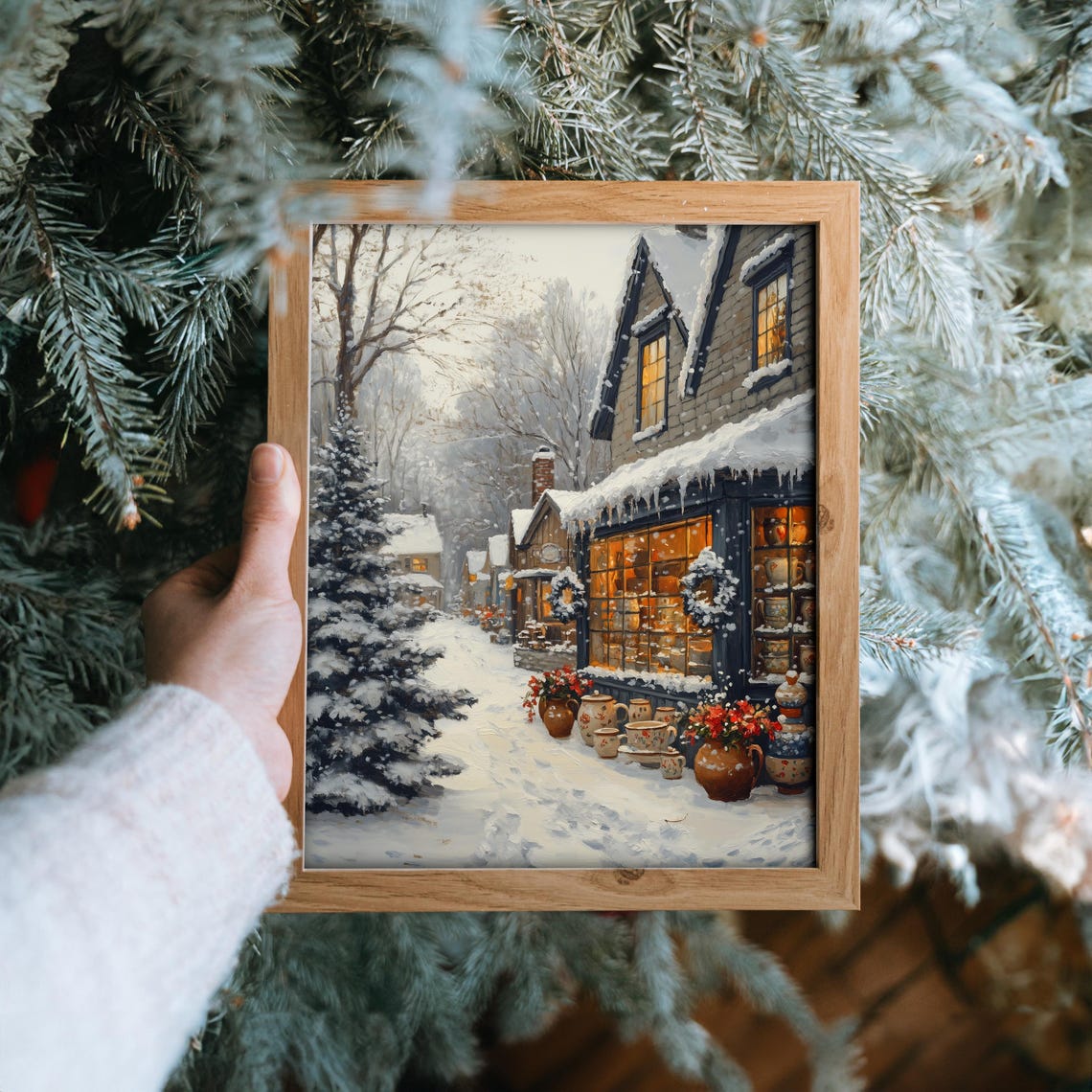 Snowy Pottery Shop with Glowing Window Winter Storefront Poster - Image 6
