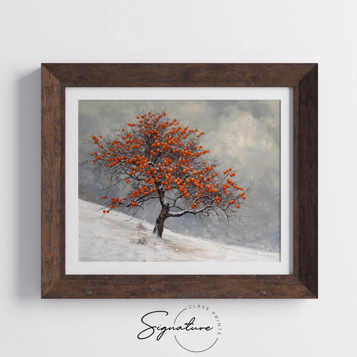 Persimmon Tree Laden With Orange Fruit On Snowy Slope Poster - Image 5