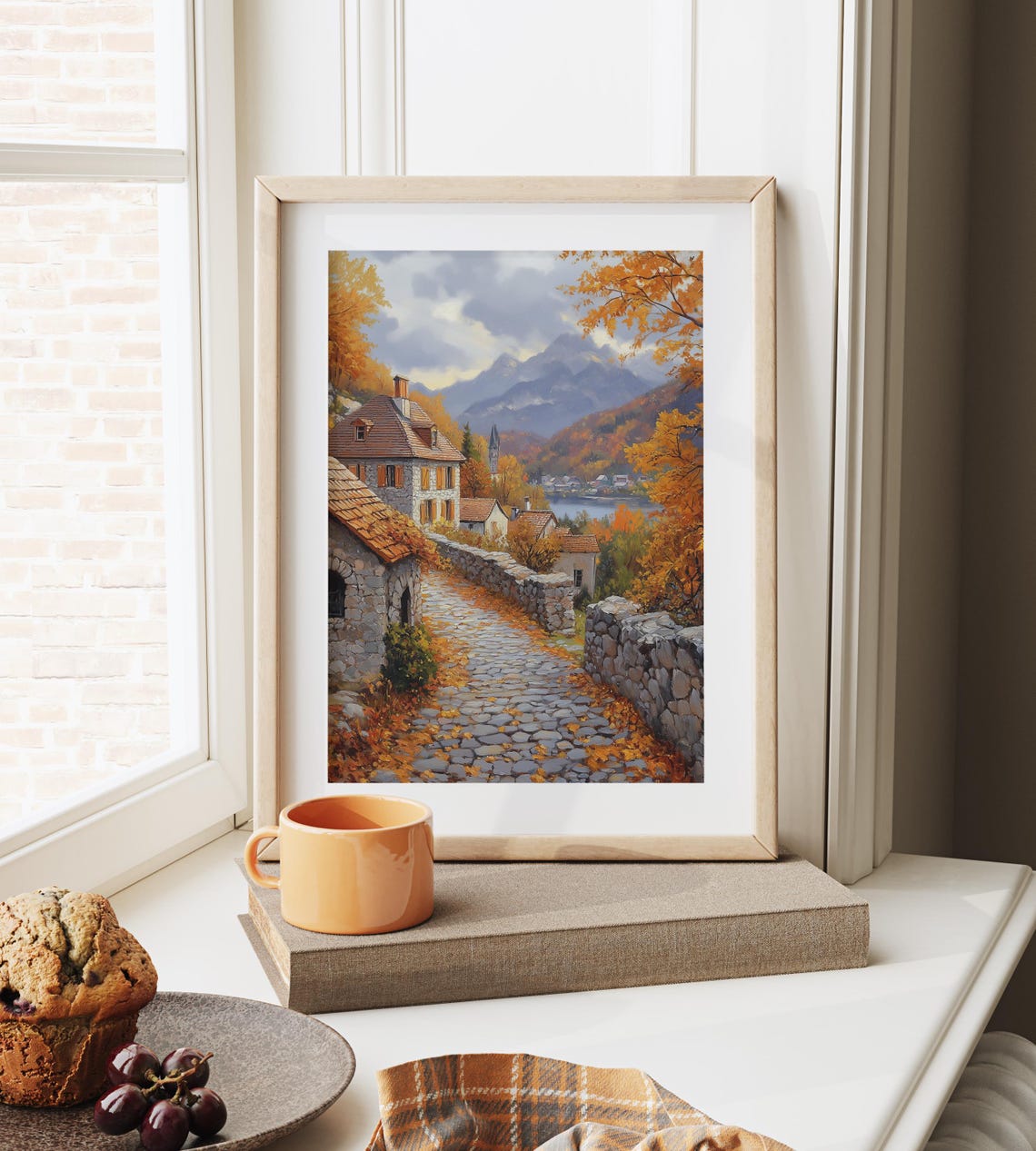 Alpine Autumn Village Cobblestone Lane Mountains Lake View Poster - Image 6