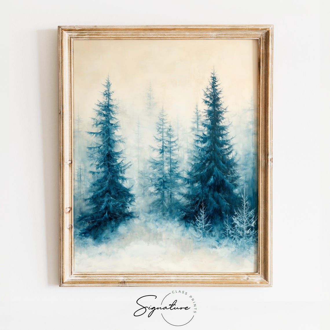 Misty Blue Green Pine Forest in Soft Winter Haze Landscape Poster