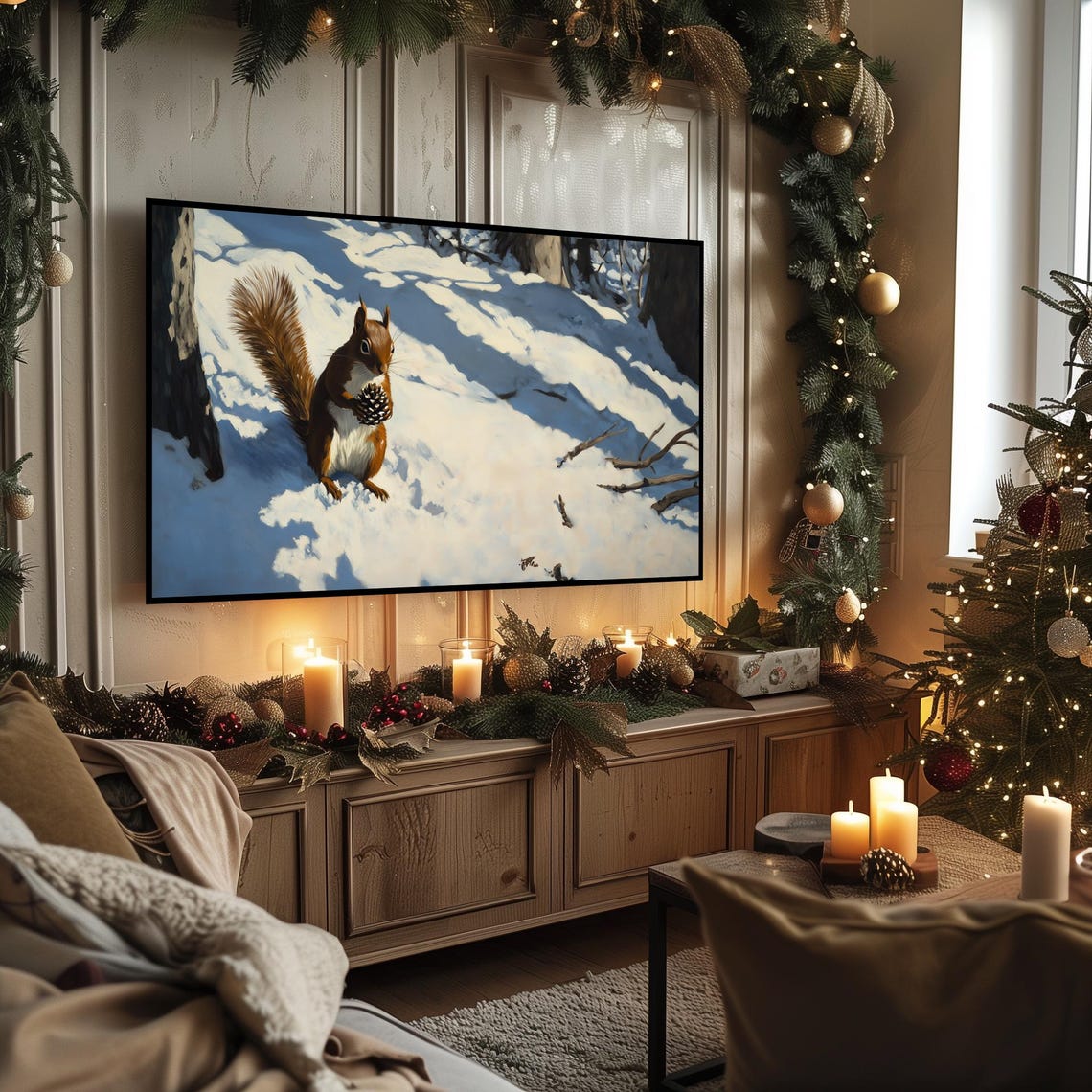 Red Squirrel With Pinecone in Snowy Winter Forest Painting Poster - Image 3