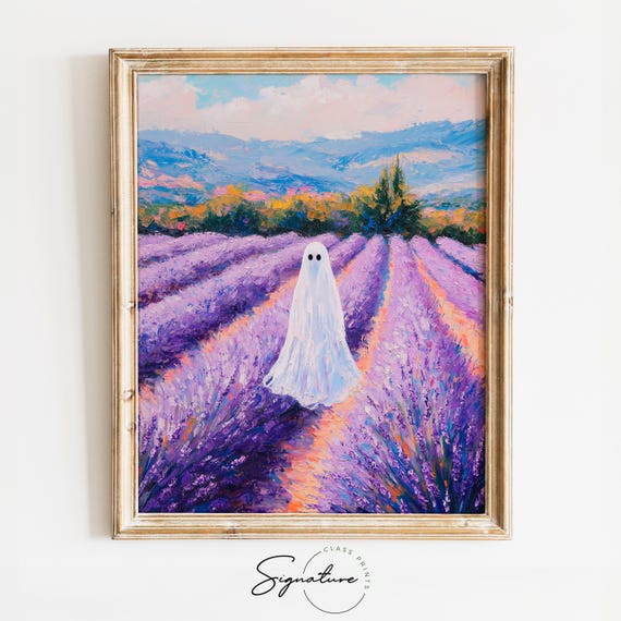 Ghost In Lavender Fields Rustic Earthy Spring Landscape Art Whimsical Cottagecore Decor Moody Floral Ghost 1568