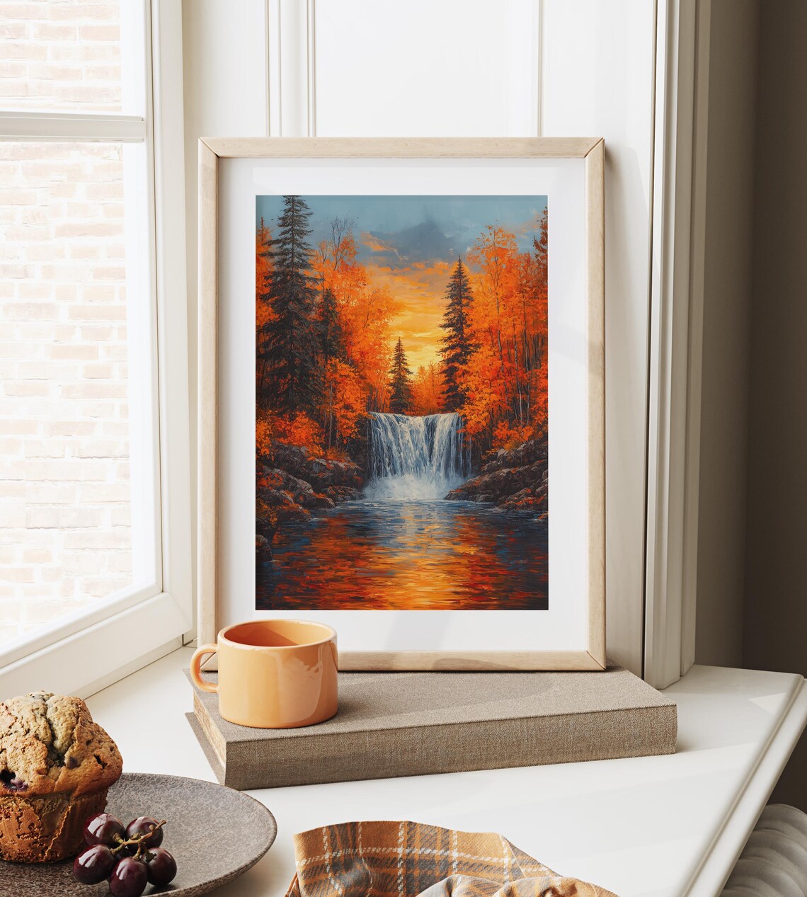 Autumn Waterfall Among Fiery Maples With Glowing Sunset Reflection Wall Art - Image 6