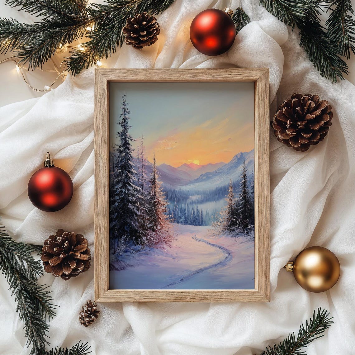 Beautiful Sunrise Over Snowy Mountain Path Winter Landscape Poster - Image 4