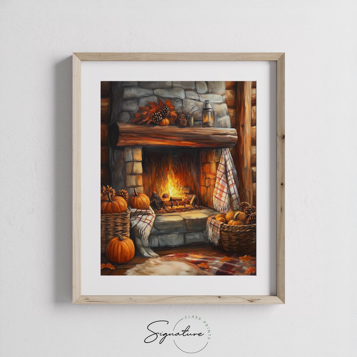 Rustic Stone Fireplace with Pumpkins Baskets and Cozy Fall Decor Poster - Image 3