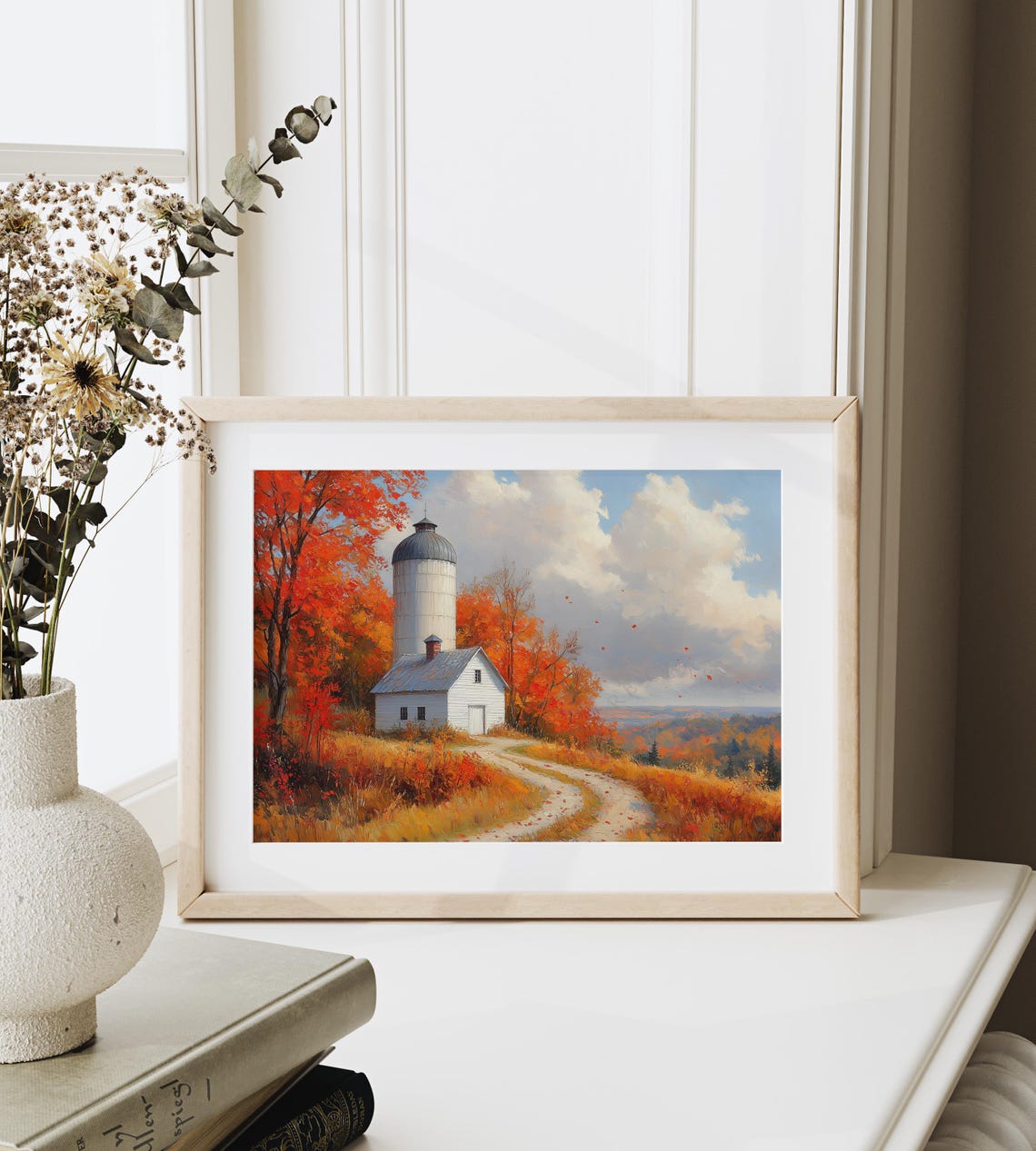 White Farmhouse with Silo Along Winding Road in Autumn Poster - Image 6