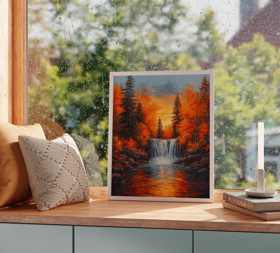 Autumn Waterfall Among Fiery Maples With Glowing Sunset Reflection Wall Art - Image 2