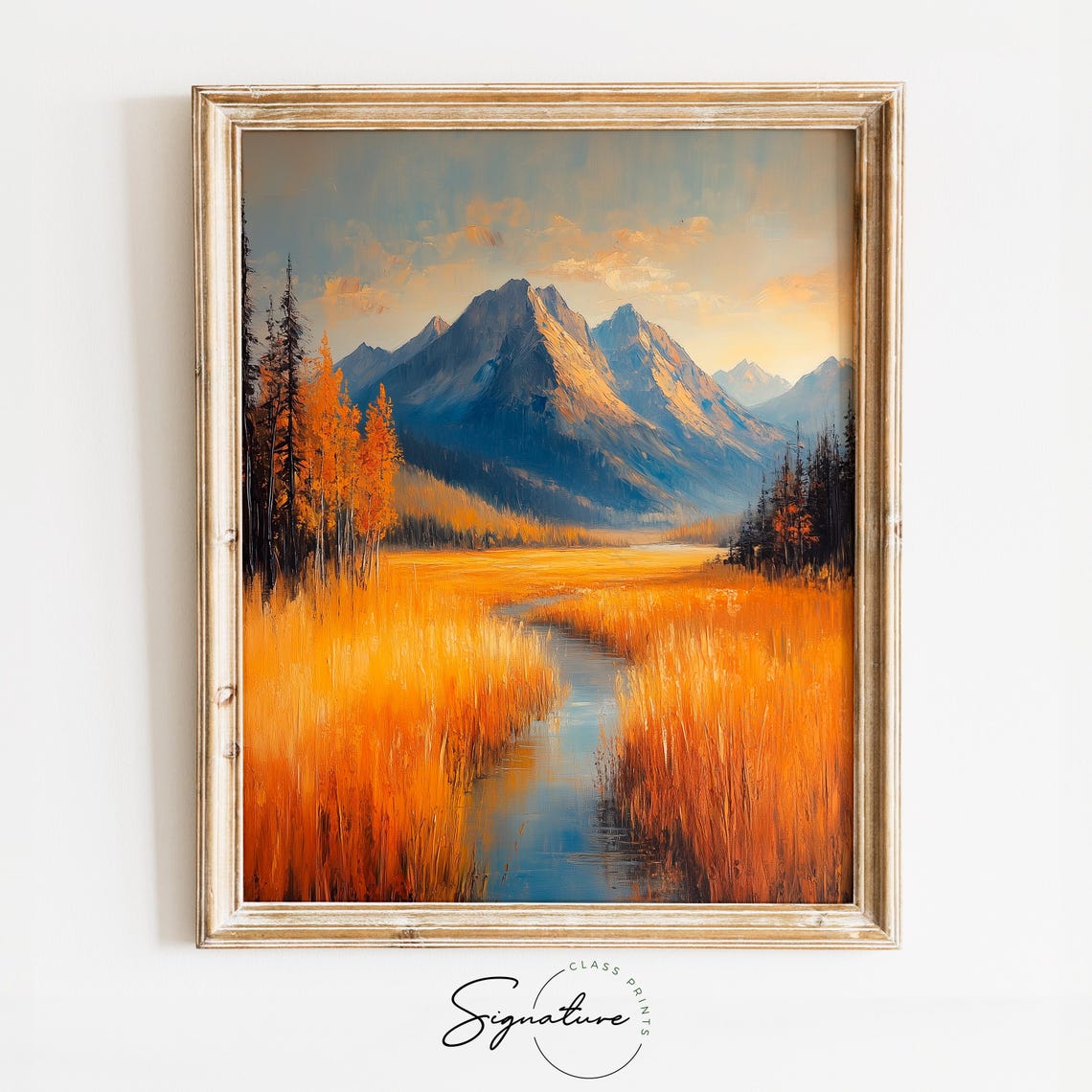 Golden Meadow Stream Leading To Blue Autumn Mountains Scenic Poster