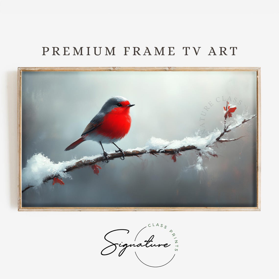 European Robin on Snowy Branch Bright Red Winter Bird Art Poster