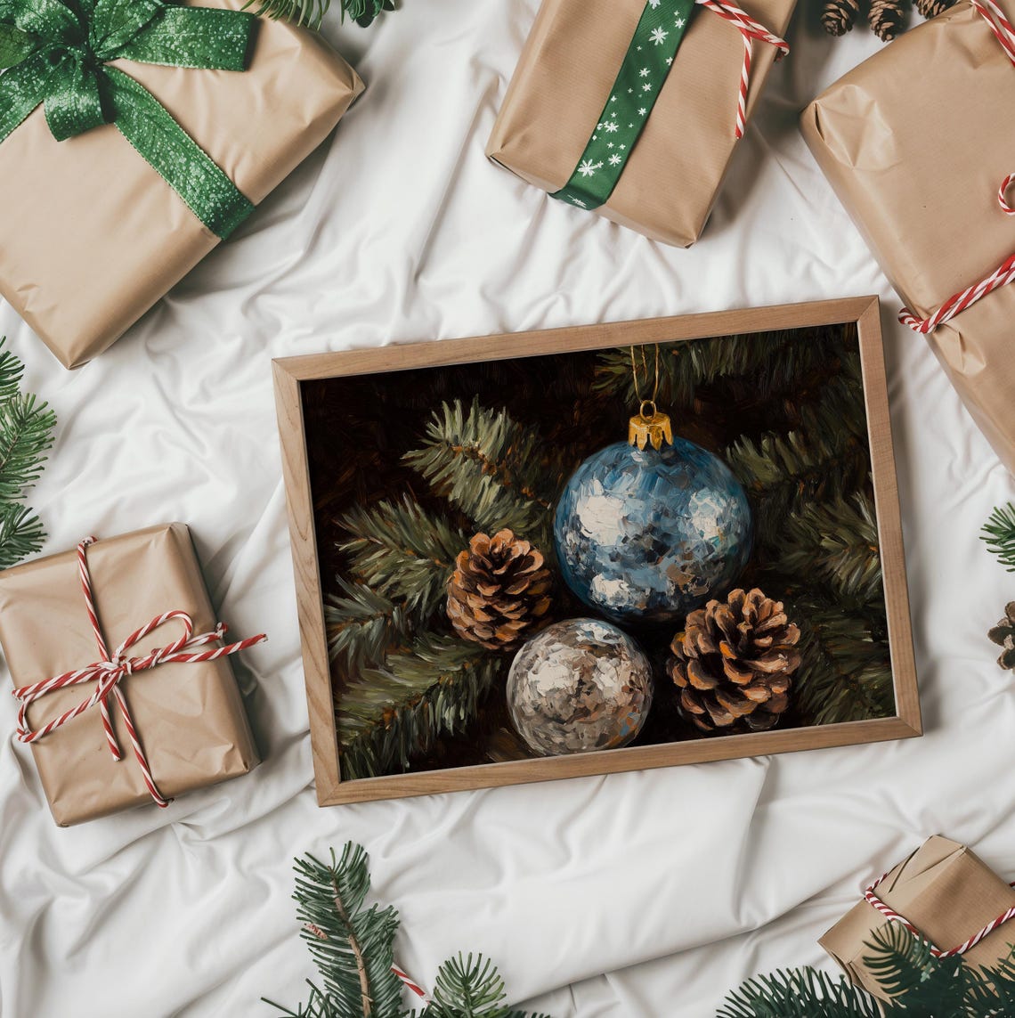 Blue And Silver Christmas Ornaments With Pinecones On Pine Poster - Image 2