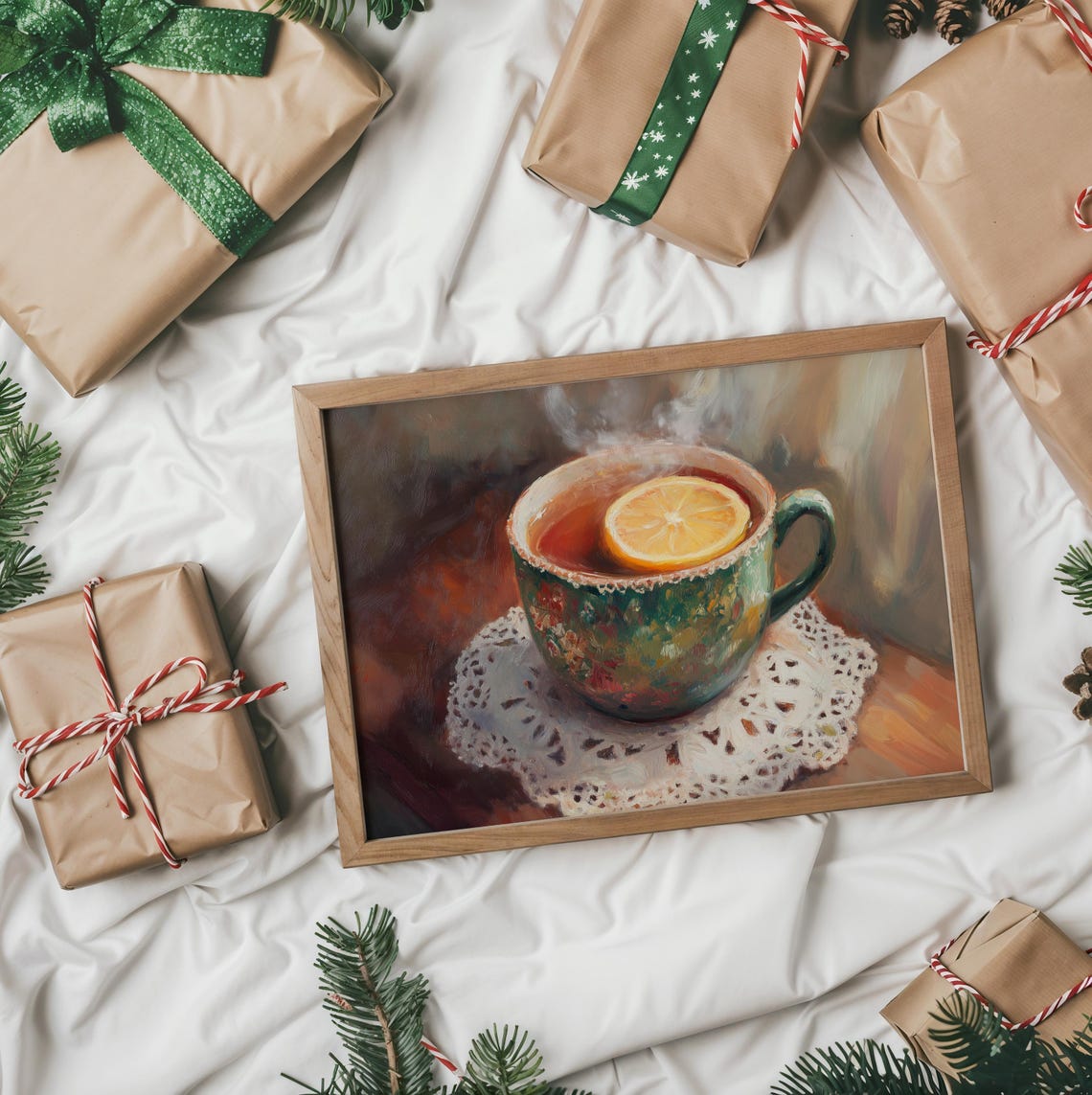 Steaming Tea With Lemon Slice In Green Cup On Lace Doily Cozy Wall Art - Image 2