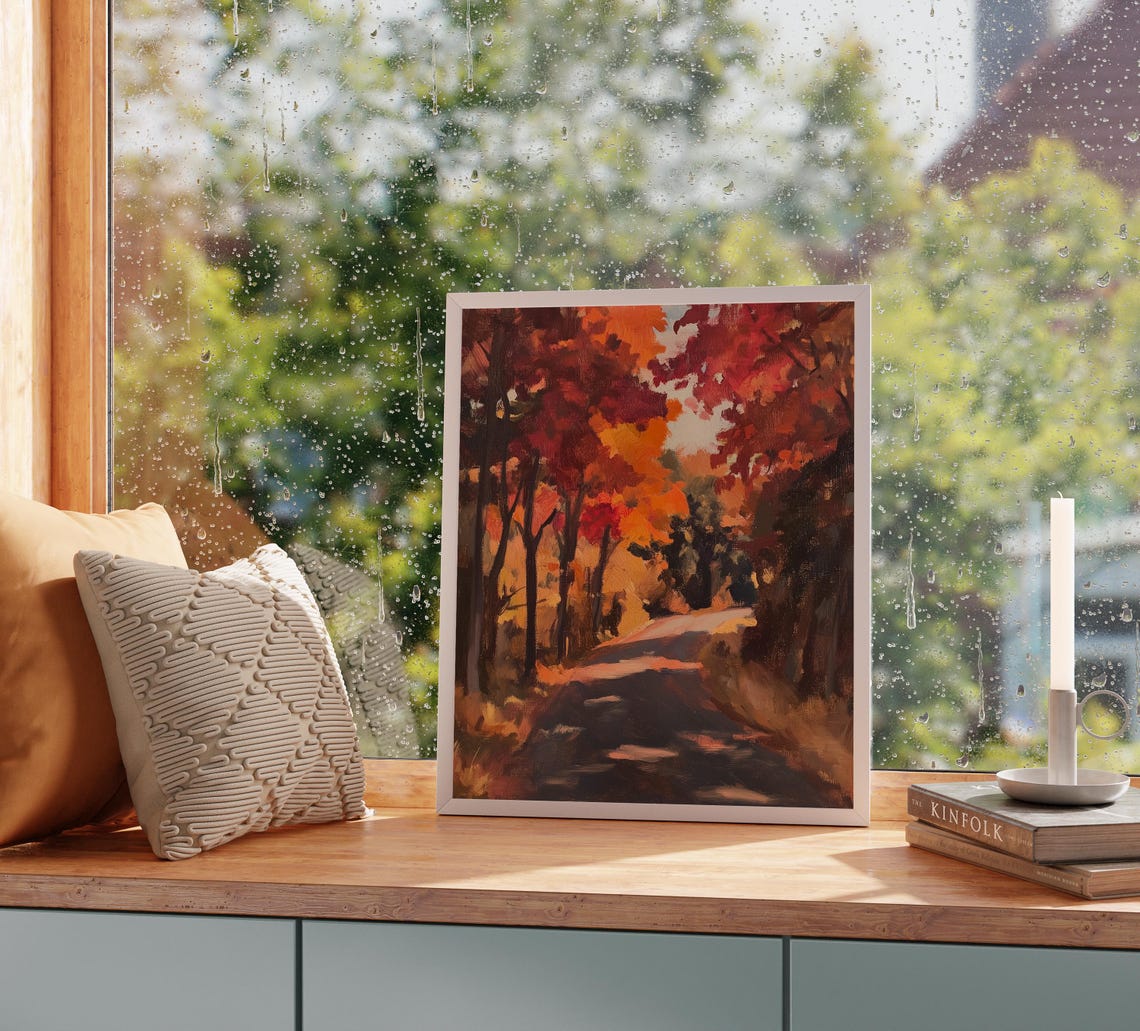 Winding Country Lane Through Fiery Red and Orange Autumn Woods Poster - Image 2