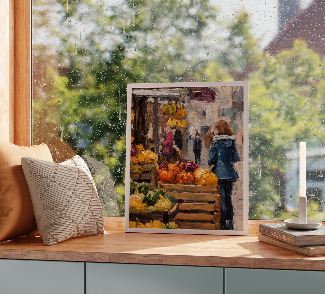 Busy Autumn Farmers Market with Pumpkin Crates and Shoppers Poster - Image 2