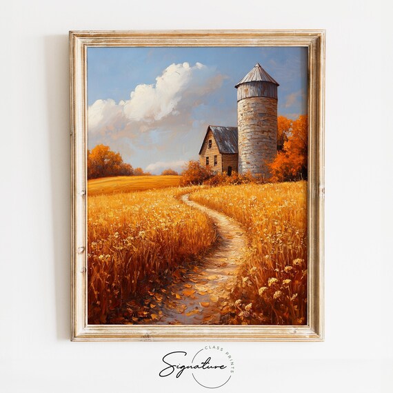 Rustic Silo Small Barn Golden Field Winding Path Autumn Farm Poster