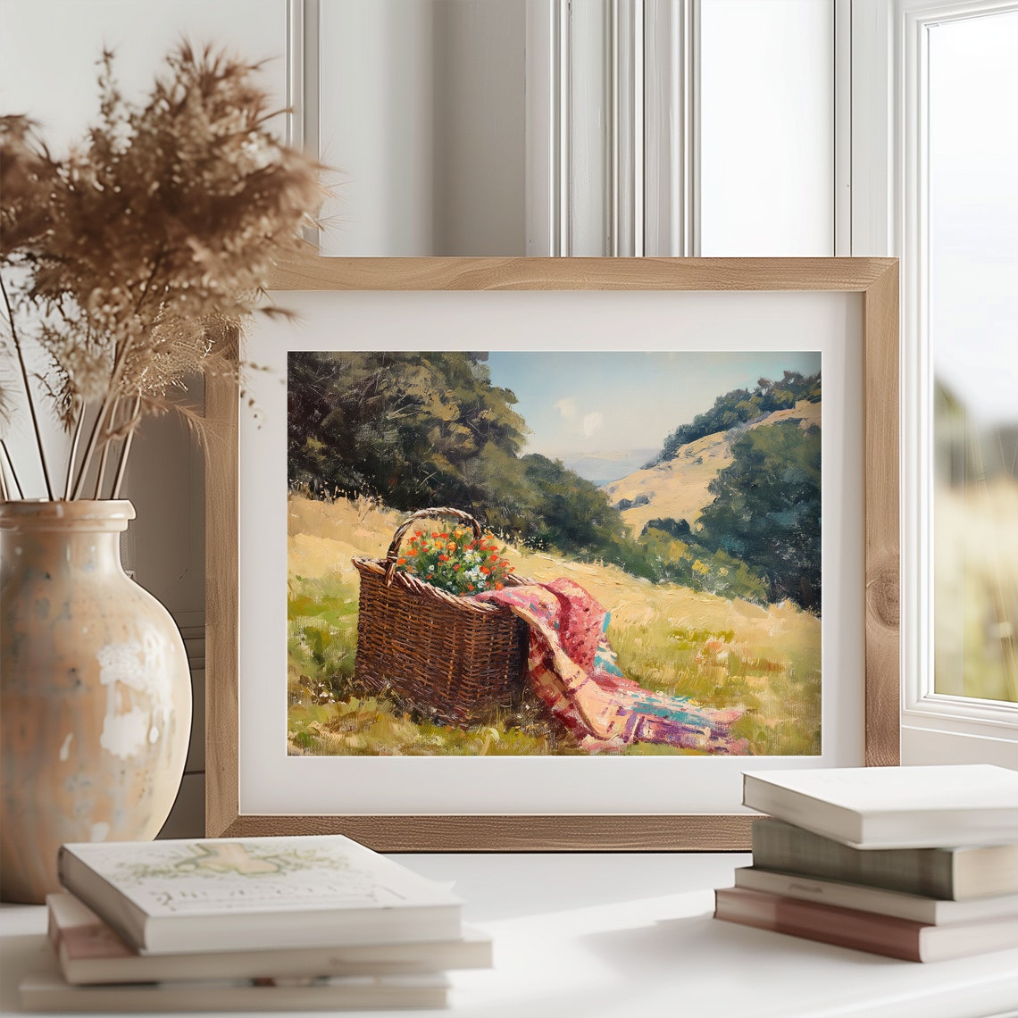 Rustic Picnic Basket Wildflowers Hillside Meadow Oil Painting Wall Art - Image 2