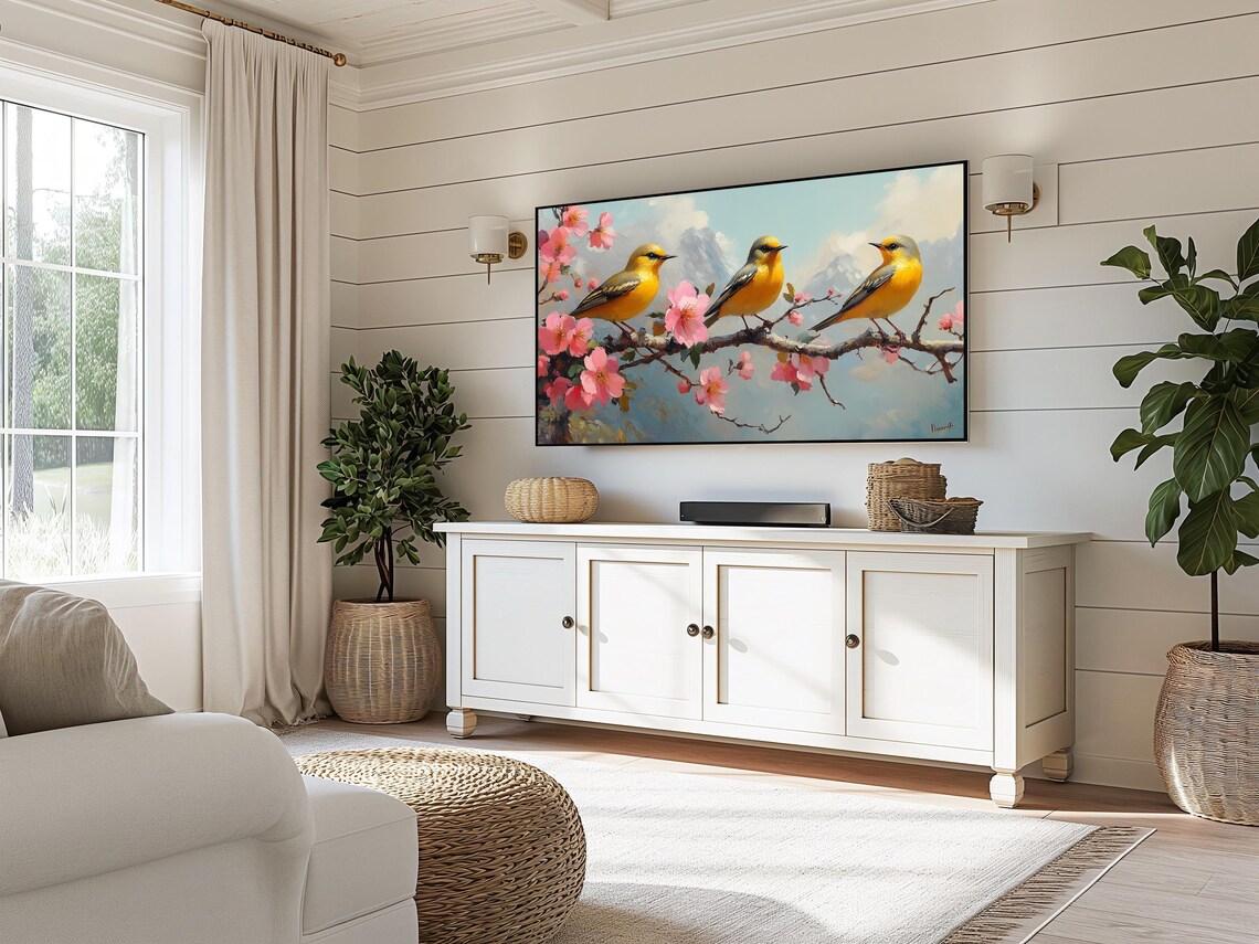 Three Golden Finches On Pink Blossom Branch Spring Art Poster - Image 3