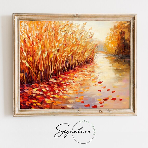 Impasto Golden Reeds With Floating Red Leaves On Calm Water Poster
