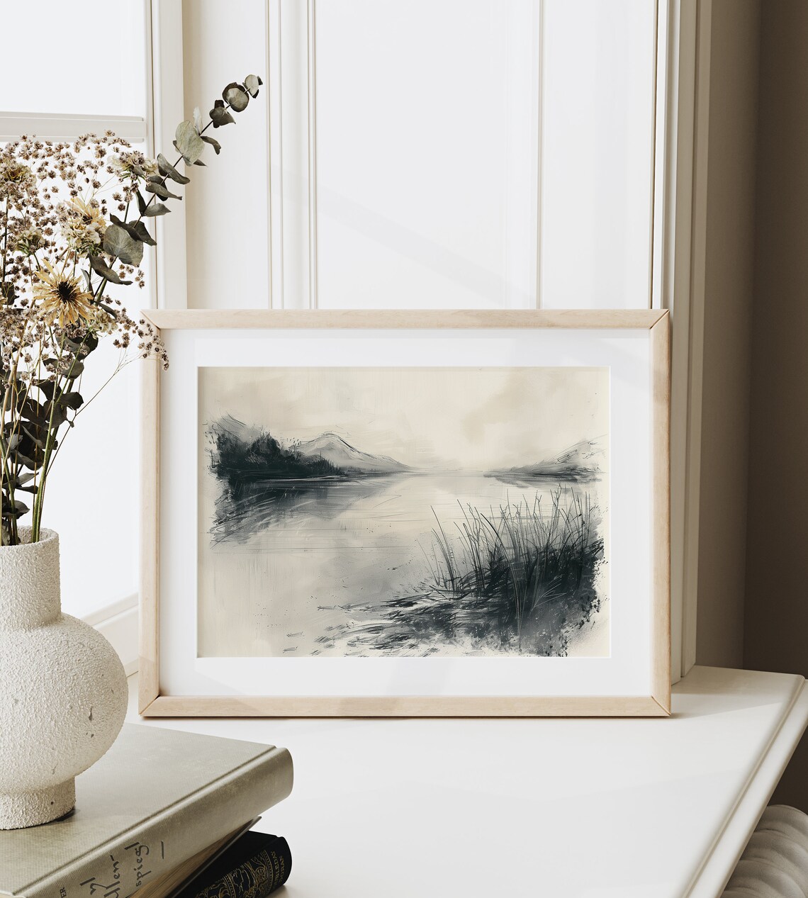 Quiet Serene Misty Lake With Reeds Ink Wash Landscape Poster Art - Image 6