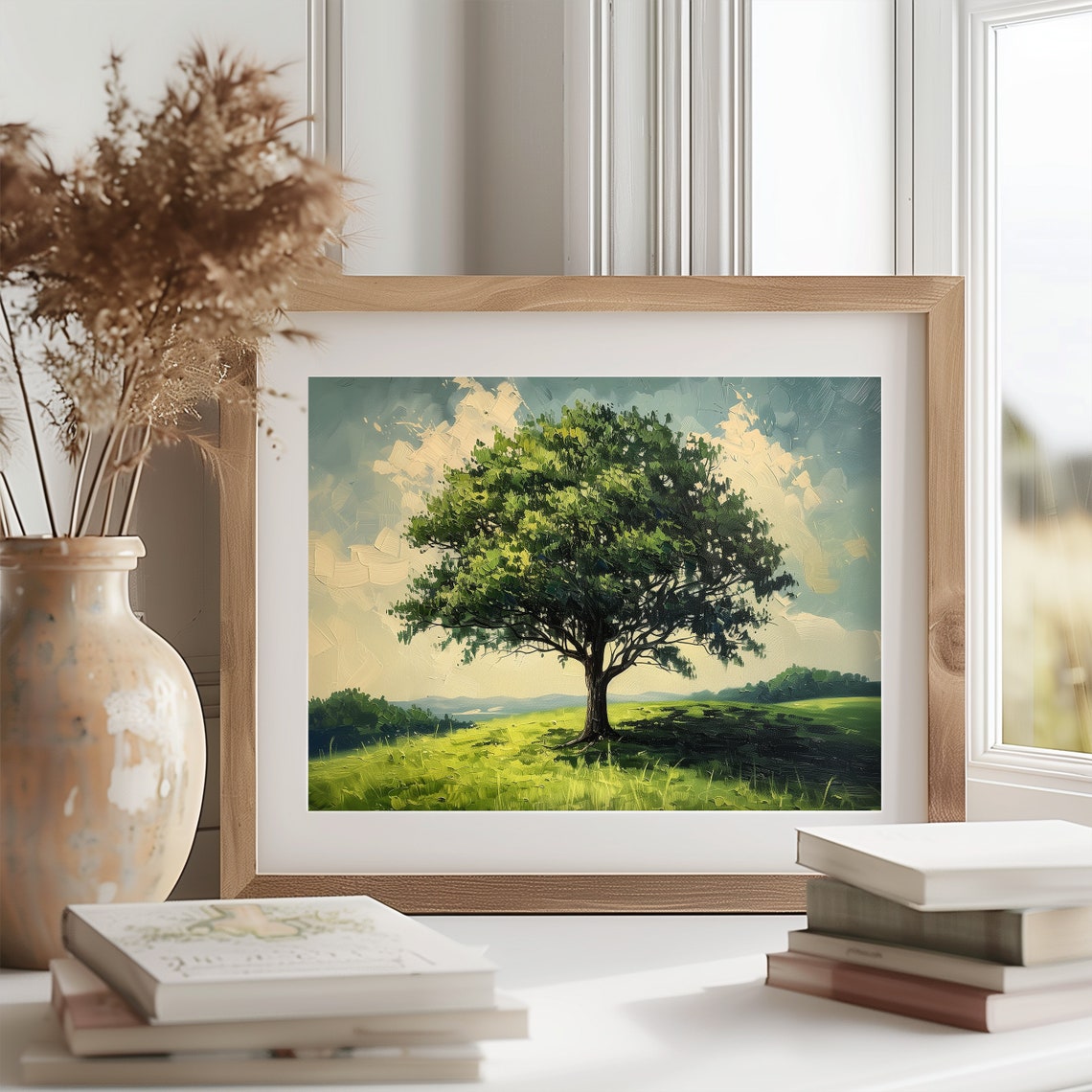 Lone Oak Tree In Lush Green Summer Meadow Impressionist Oil Poster - Image 2