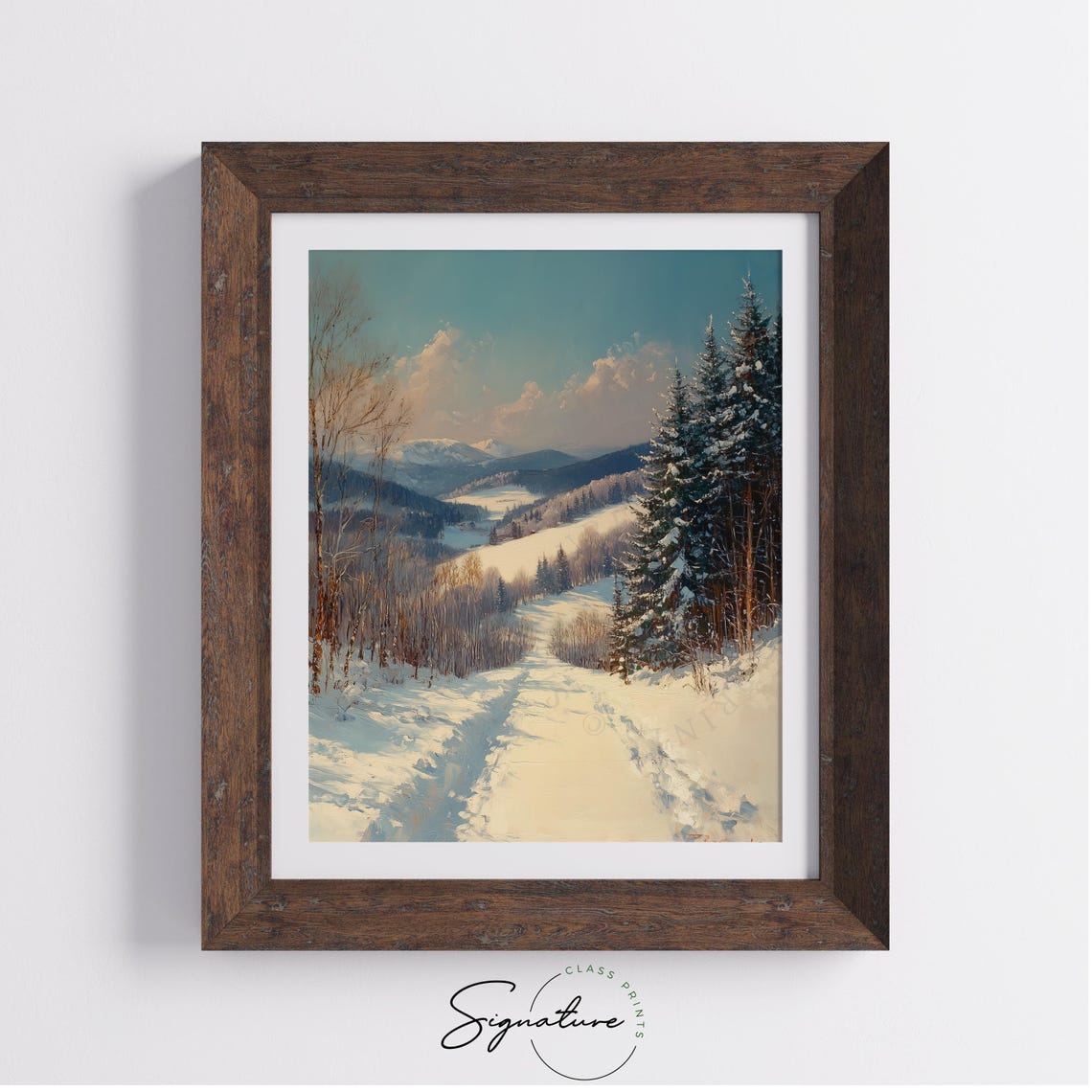 Snowy Evergreen Valley under Teal Sky with Winding Trail Poster - Image 3
