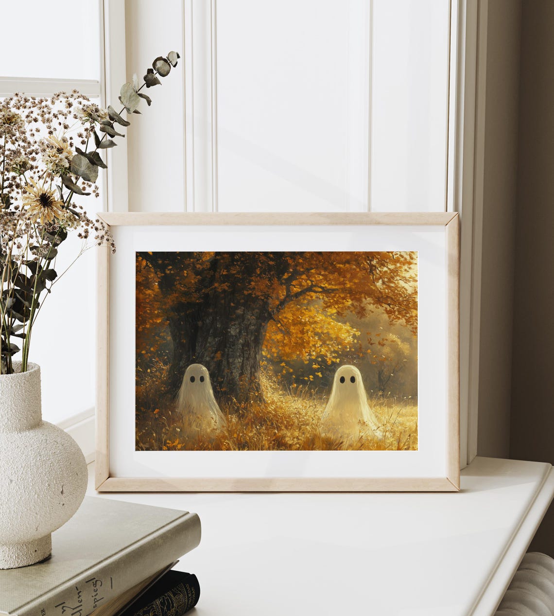Two Playful Ghosts Floating in Golden Grasses Under an Oak Tree Poster - Image 6