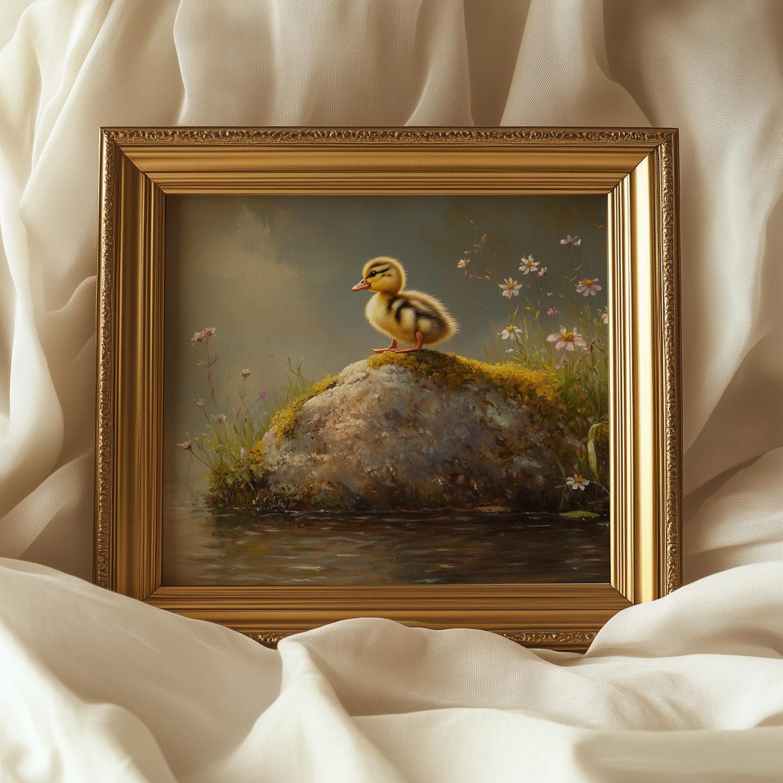 Duckling on Mossy Rock by Wildflower Pond Spring Nature Poster - Image 3