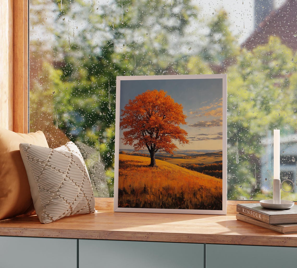 Lone Orange Tree Golden Meadow Autumn Horizon Pastoral Poster - Image 2